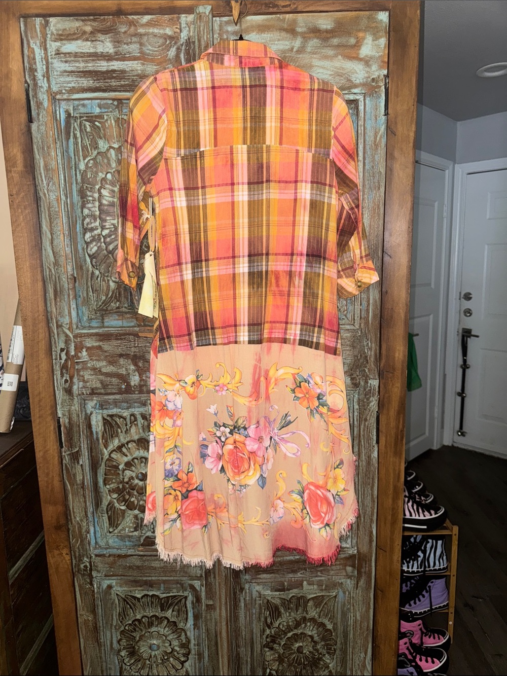 Aratta Coral Pink & Yellow Plaid-to-Floral Sheer Duster - Picture 2 of 9